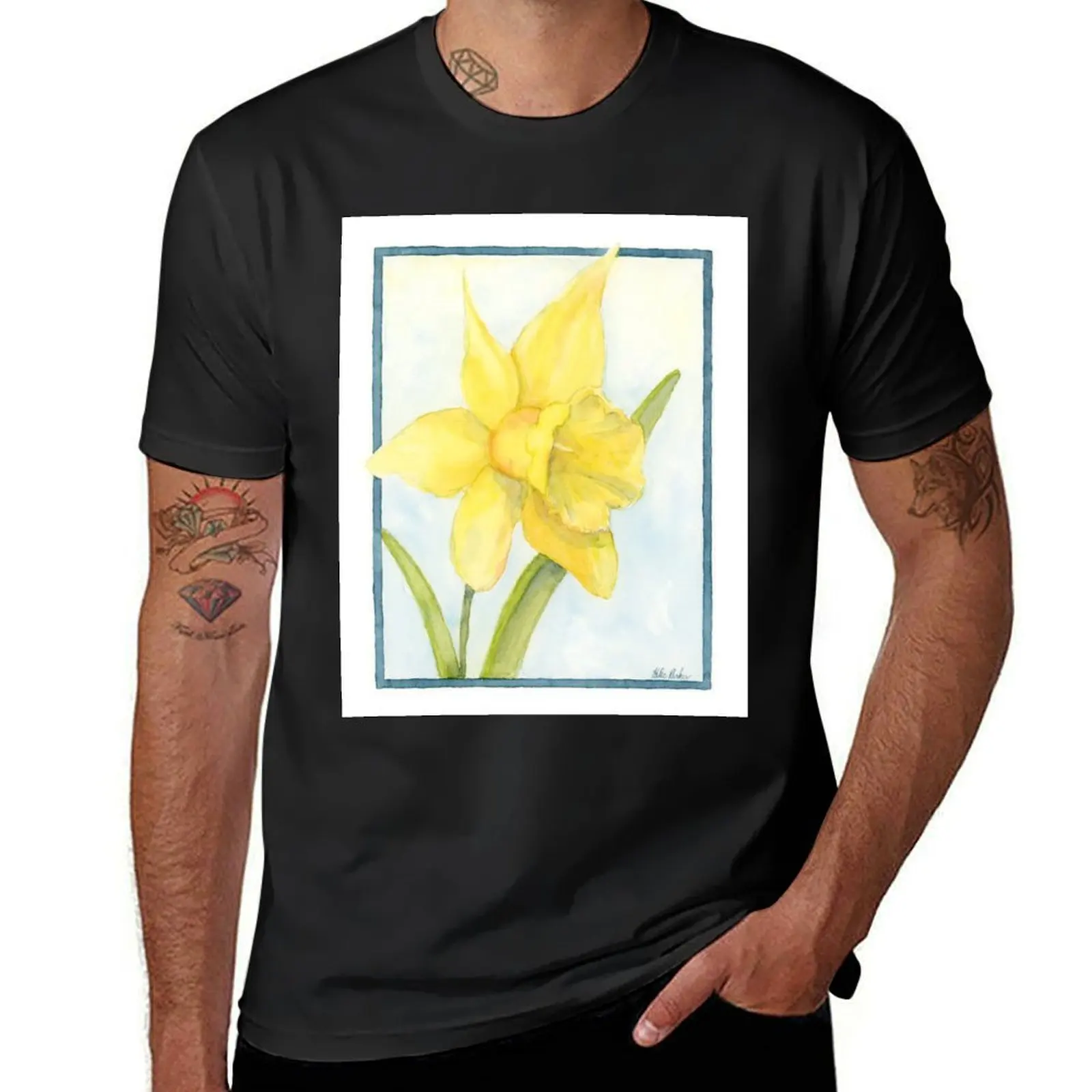 Watercolor Daffodil - Cheery Yellow Spring Flower Botanical Art T-shirt customizeds korean fashion T-shirts for men cotton