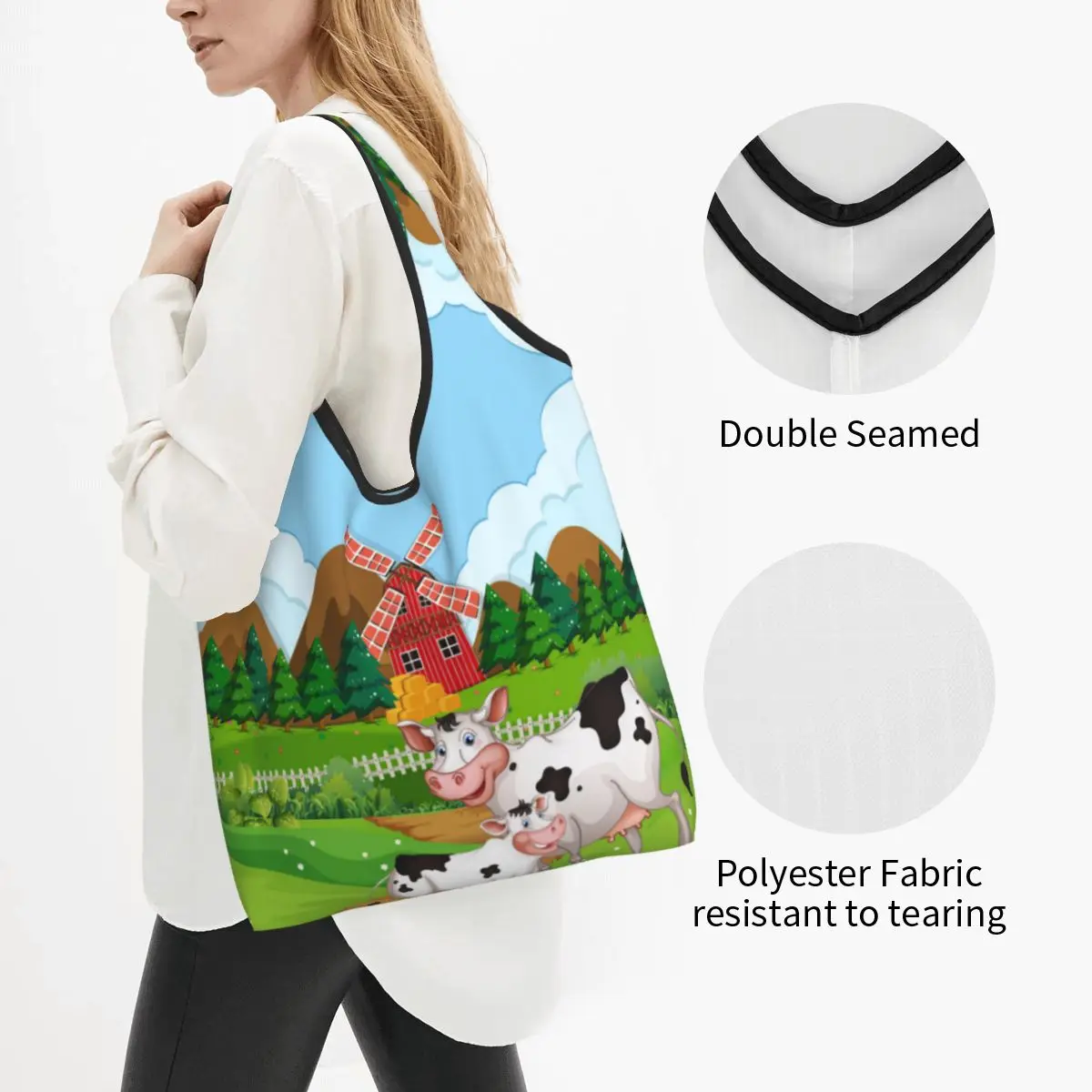 Funny Cow Print Shopping Tote Bag Portable Anima Skin Texture Groceries Shoulder Shopper Bag