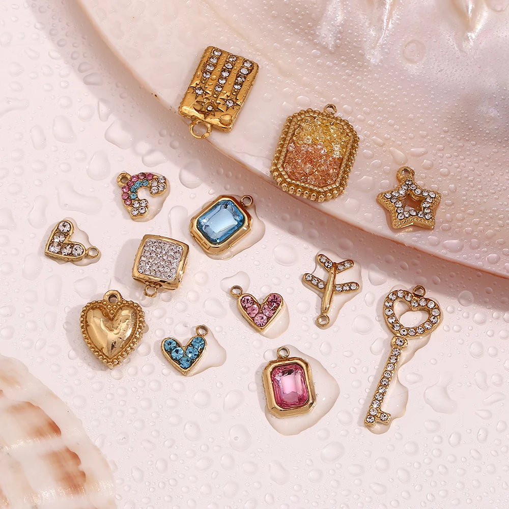 MamacitaSlay Lovely Diy Colored Zircon Keys Heart Aircraft Sun Stars Rainbow Stainless Steel Charms For Jewelry Making For Women