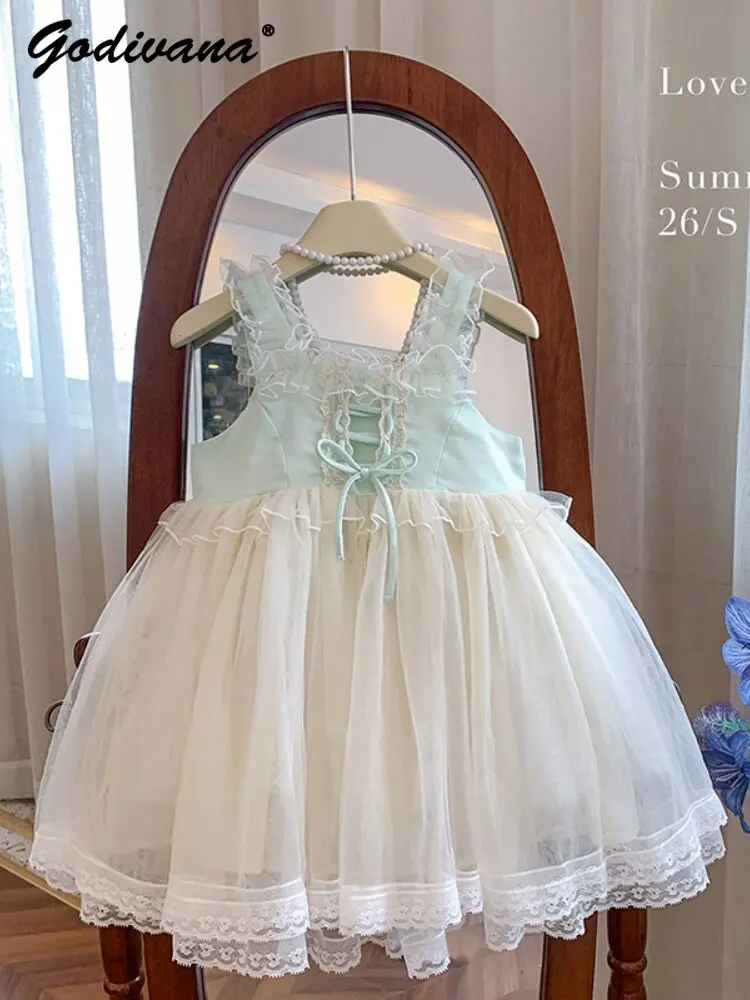 Baby Girls Sweet Tulle Lolita Princess Dress 2026 Summer New Kids Lace-up Mesh Tutu Sundress Lace Trim Birthday Party Ball Gown