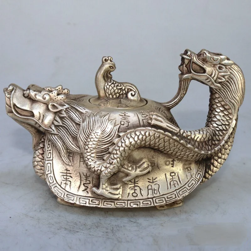 White Copper Silver Plated Dragon Turtle Teapot Antique Chinese Xuande Hundred Shou Character Kettle Home Collectible Decor