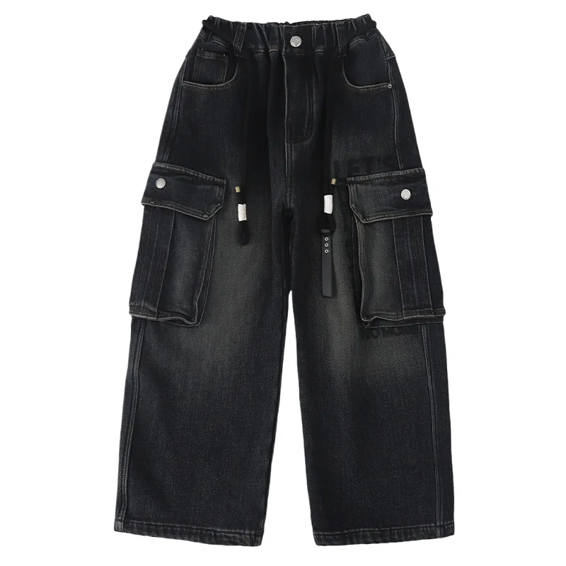 بنطال جينز للأولاد سميك قطعة واحدة مخملي 2025 سروال دينم فضفاض على الموضة للأطفال جديد لملابس الخريف والشتاء #5