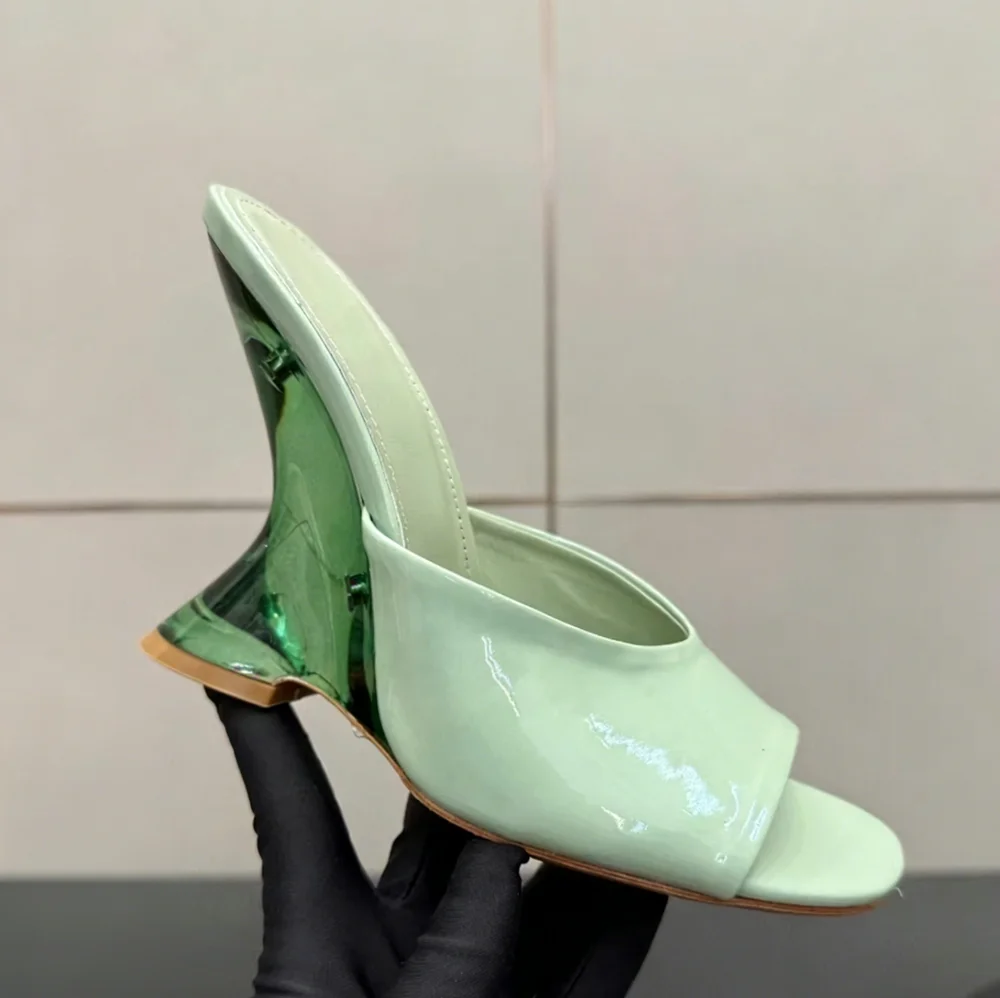 

Summer Casual Light Green Patent Leather Wedge Sandals Round-Toe Clear Green Heel Design Minimalist Style for Women