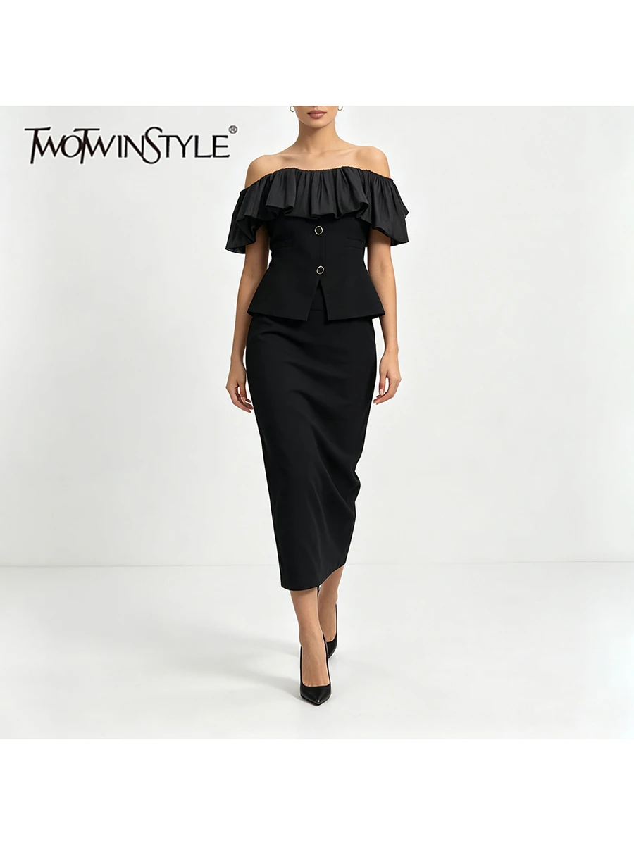 TWOTWINSTYLE Ruffle Spliced Button Slim Two Piece Sets for Women Off Shoulder Short Sleeve Top High Waist Midi Skirt Sets Female