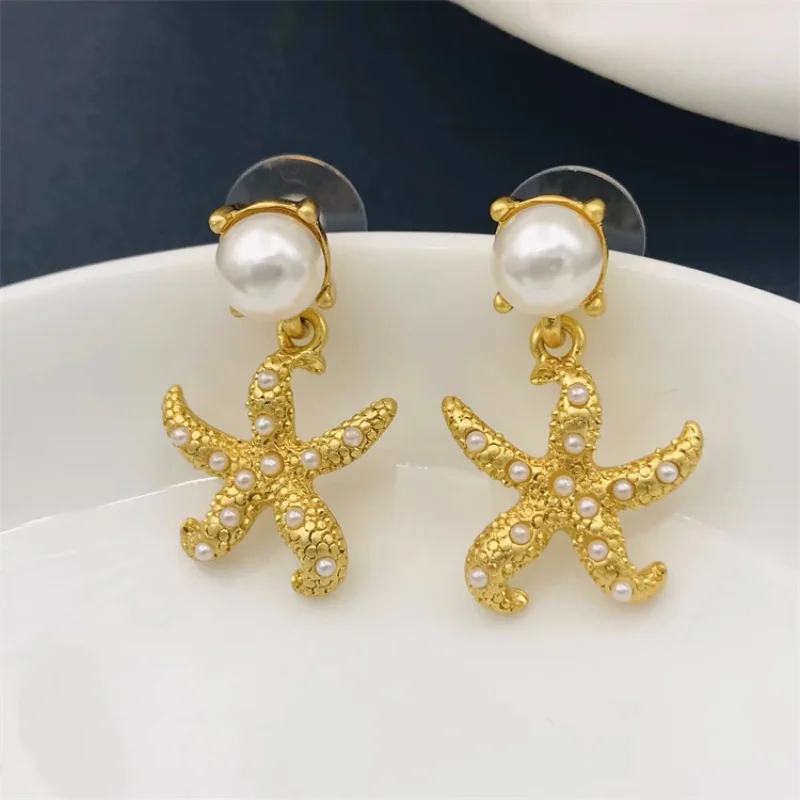 New Vintage Do Old Starfish Niche Design Pearl Stud Earrings Women