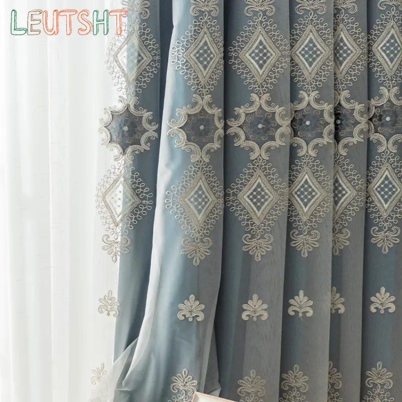 

French Curtains for Living Dining Room Bedroom Light Luxury Double-layer Integrated Embroidered Tulle Custom Finished Product