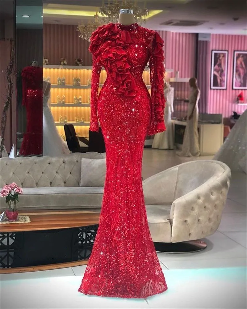 

Spaekly Red Mermaid Evening Dresses Long Sleeves High Neck Sequins Appliques Lace Beaded Layered Shiny Prom Dresses Custom Made