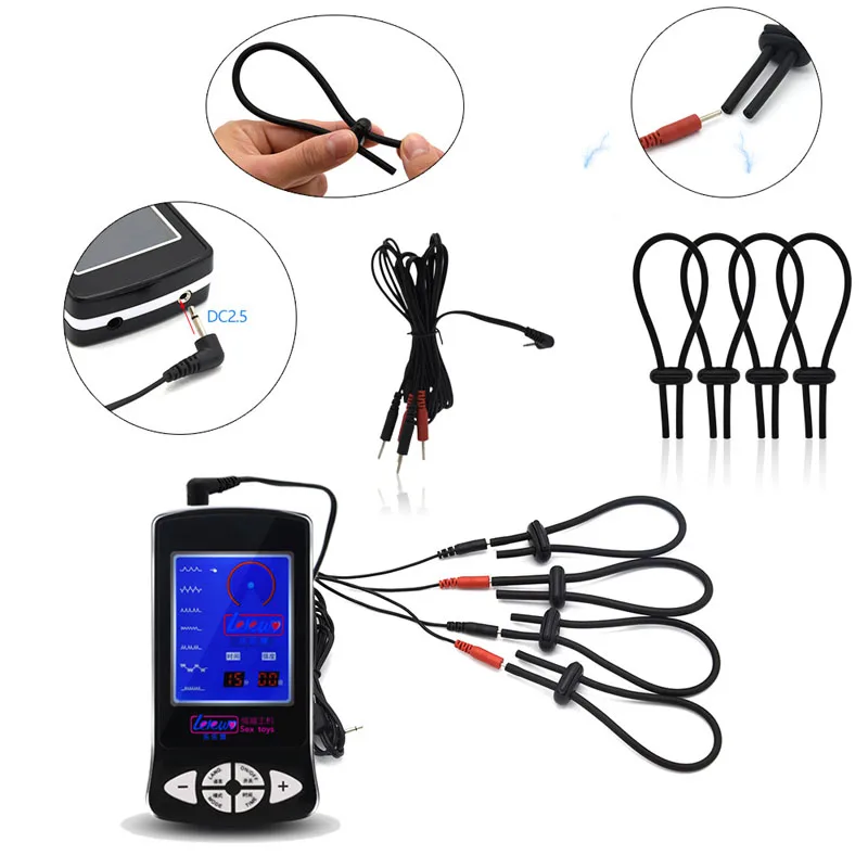 BDSM Electric Stimulate Kit Nipple Clamps Clitoris Penis Electro Shock Anal Plug Urethral Dilator Cock Rings Body Massage Patch