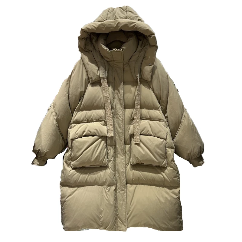 Female Hooded Long Down Jackets Korean Style Solid Color Pockets Drawstring Fluffly Thick Thermal Office Lady Overcoats