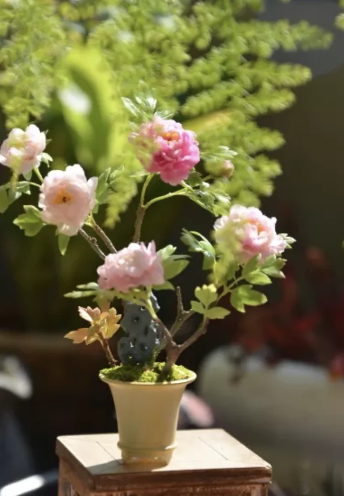 Handmade Miniature Potted Plants Dollhouse Accessory, Fig Clematis Magnolia Tulip Grape Vine, Realistic Micro Landscape Decor