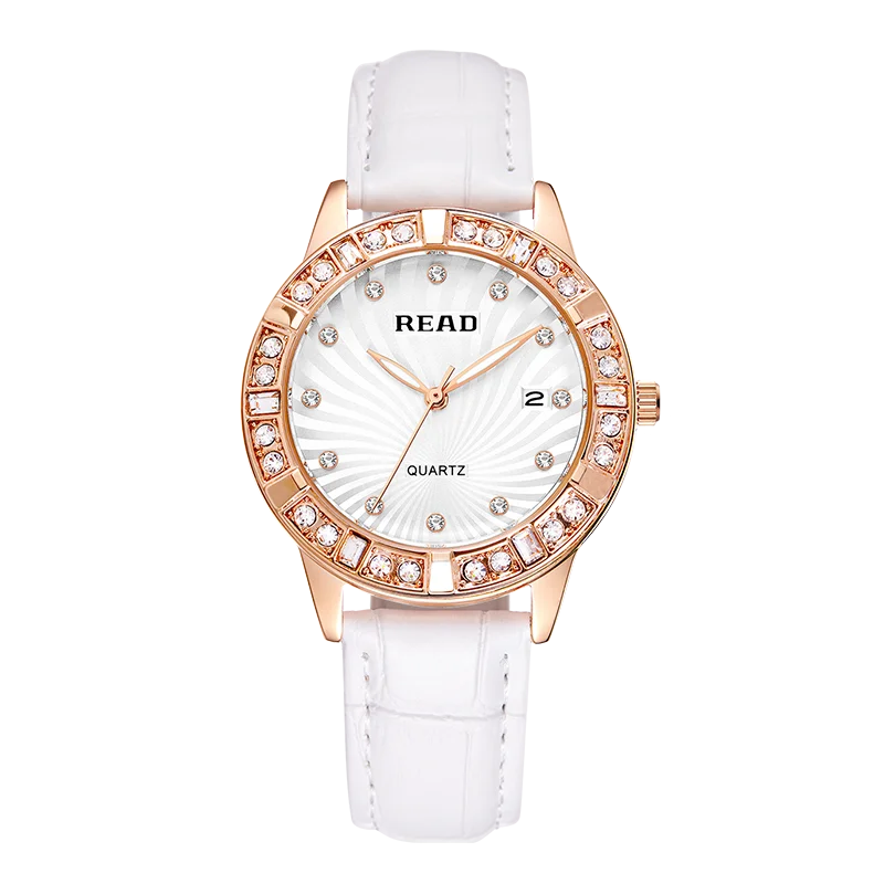 Ladies Analog Wrist Watch | Calendar Function | Shiny Bezel | White Leather Band | Daily Water Resistant Women Fashion Watch