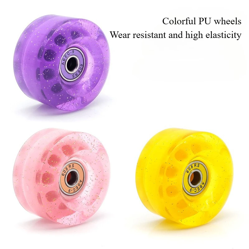 Двухрядные роликовые коньки, высокоэластичные колеса из искусственной кожи, четырехколесные роликовые коньки 82A, несветящиеся цветные прозрачные колеса с блестками