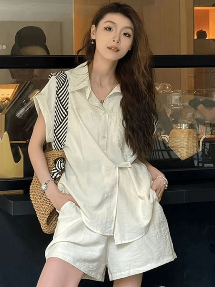

2PCS Fashion Irregular Short Sleeve Shirt Set Summer Outfits Office Ladies Trendy Thin Wide Leg Shorts Suit for Women