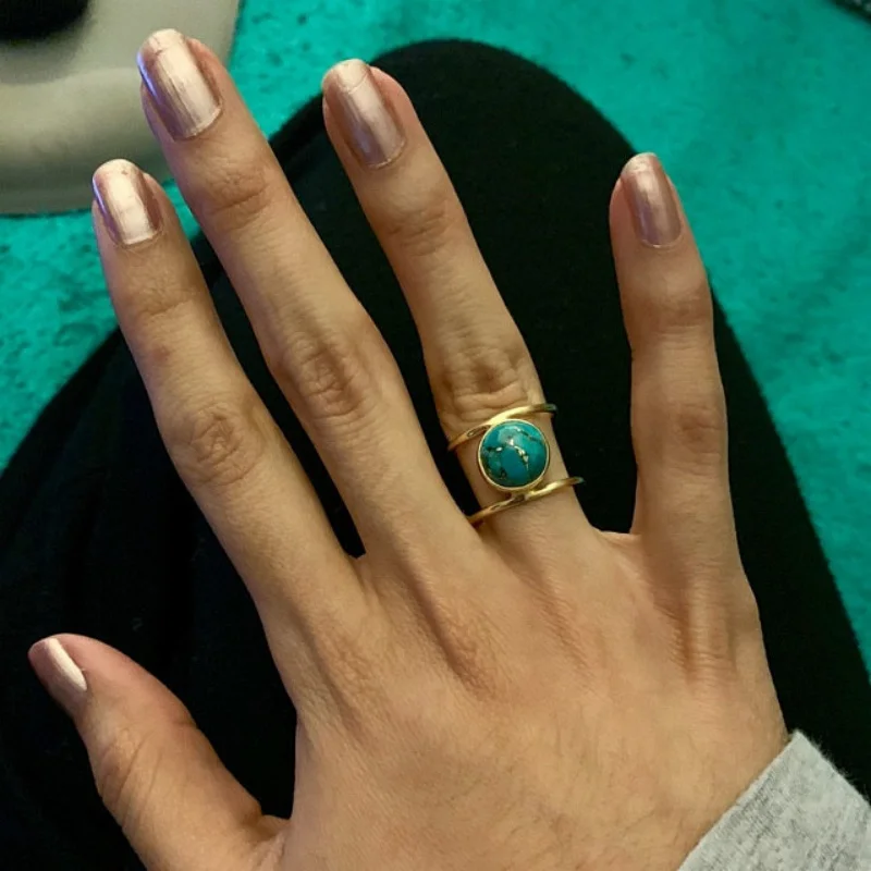  New Bohemian Large Round Turquoise Stone Rings for Women Vintage Double Layer Ring Retro Party Jewelry Boho Band Ring