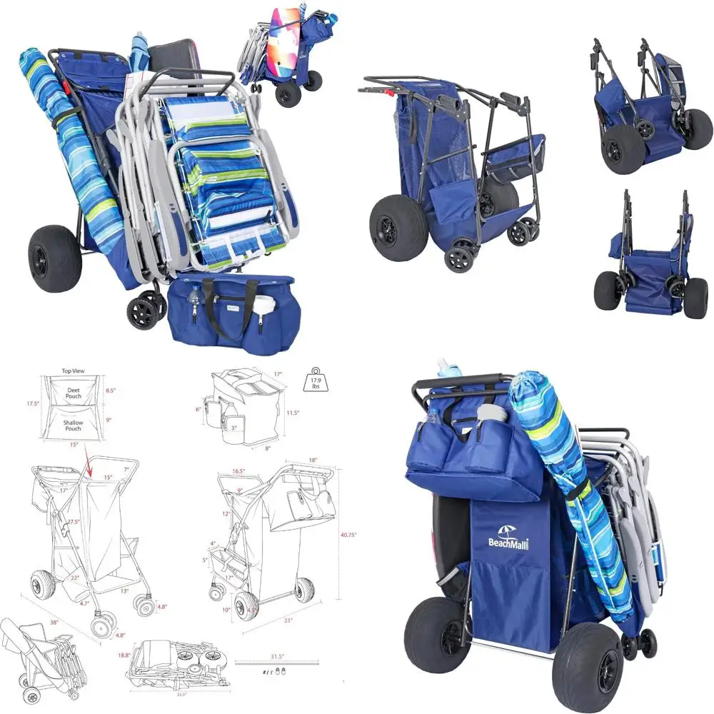 Максимальная пляжная тележка с колесами для песка — тележка-багги с большими колесами, изолированная сумка-холодильник, доска для тела и держатель для зонта