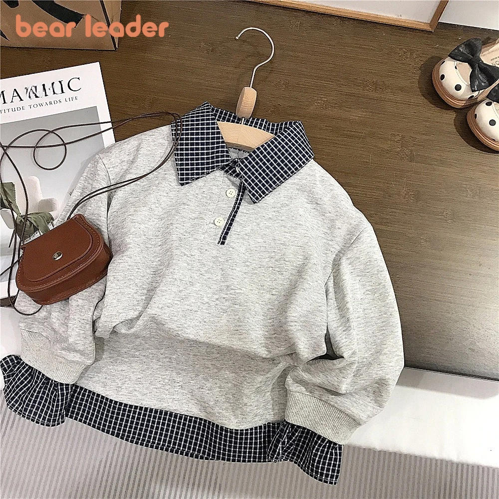 

Bear Leader Autumn Fashion Korean style Grey Girl Clothes Checkered Splicing Children's Set Long Sleeve Polo T-shirt Short Skirt