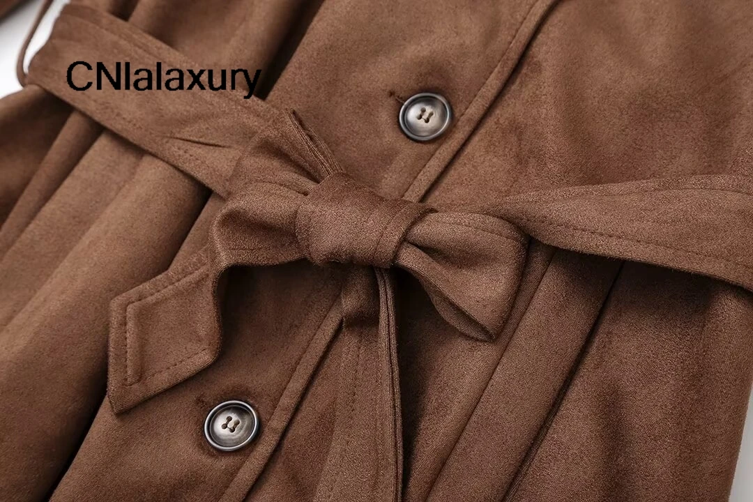 Elegant Suede Leather Chocolate Belt Long Coat Fashion Double Button Lapel Oversize Jacket Fashion New Autumn Street Windbreaker