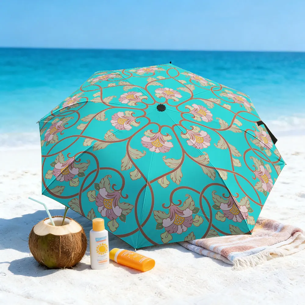 1PC Elegant Flower-Patterned Umbrella by a Scenic Lakeside Picnic Print 8 Iron Ribs Folding Umbrella Auto-Open Fashion Sunshade