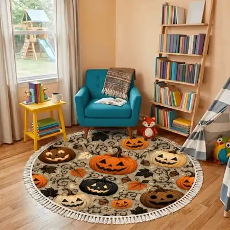 3D Skeleton Halloween Vortex Rug Orange Purple Checkered Spooky Floor Decor