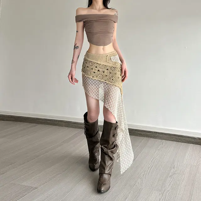 

Asymmetrical Patchwork Skirt Street Wear Earthy Clothes High Waist Long Skirts for Woman Summer Rave Outfits