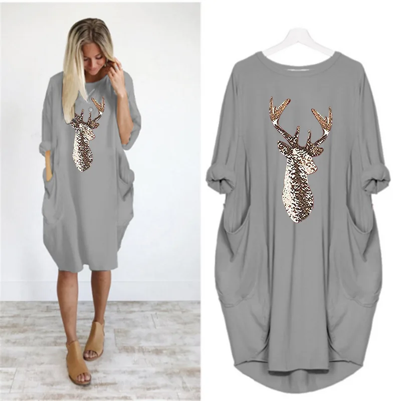 Womens I'm Mostly Peace Love and Light and A Little Go Print Long Sleeve Loose Pocket Oversize Tunic Dress