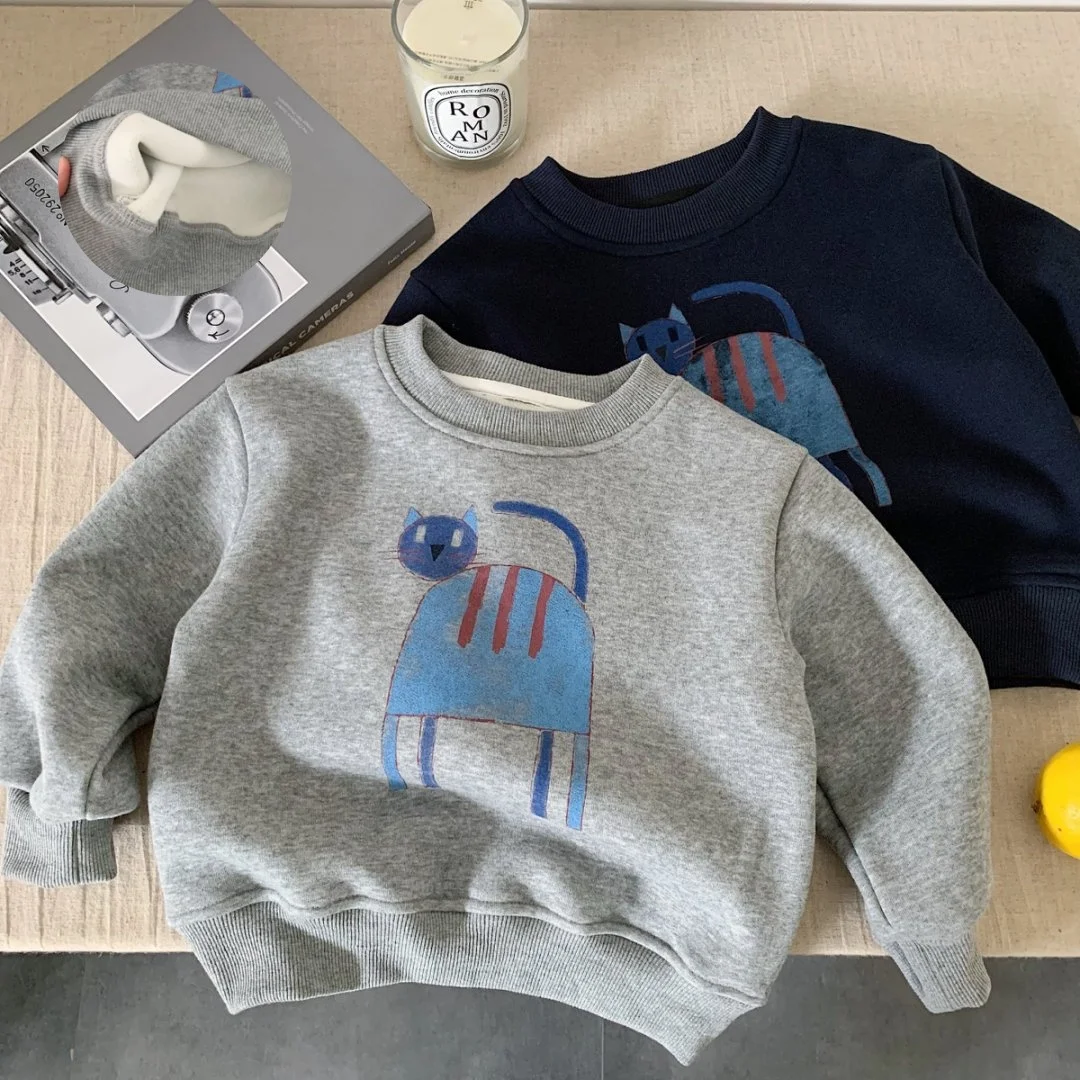 

Новинка 2023 года, детский хлопковый свитшот на флисовой подкладке, От 2 до 7 лет, теплый пуловер с рисунком кота для мальчиков и девочек, топ, осенне-зимняя повседневная одежда