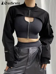 SUCHCUTE Hip Hop Solid Cargo Super Cropped Jackets Gothic Loose Zip Up High Collar Coats Streetwear Black Pockets Bomber Jacket