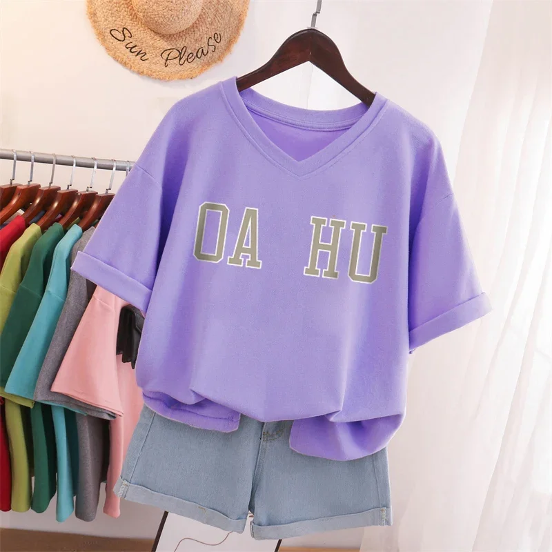 EBAIHUI100% Cotton L-5XL Plus Size T Shirt Letter Print Tshirt Short Sleeve Women's Top Summer Couple V Neck Oversized T Shirts