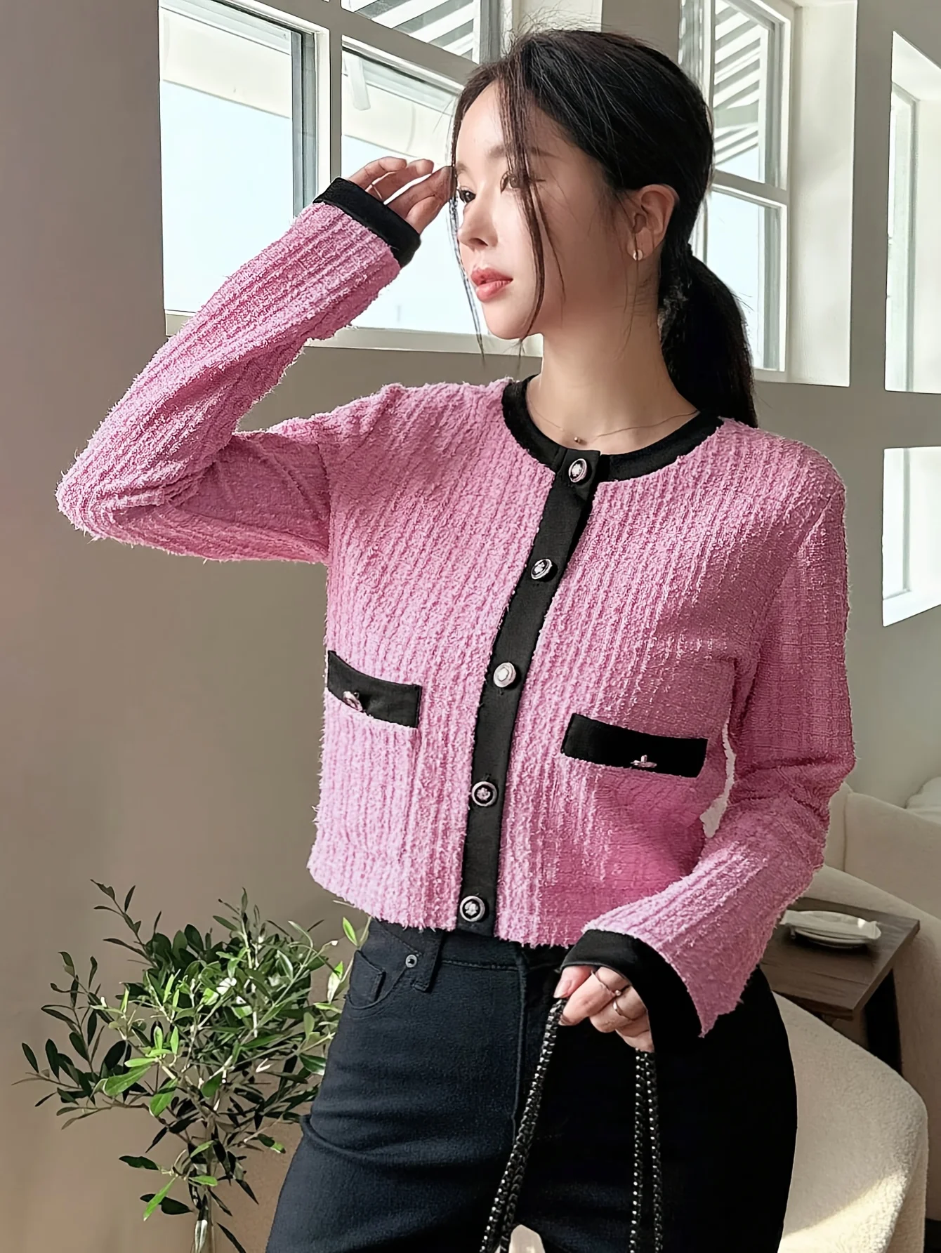 

2025 New Korean Chic Elegant Jacket O-neck Full Sleeve Spring Autumn Coat Short Fashion Style Women's Button Loose Top