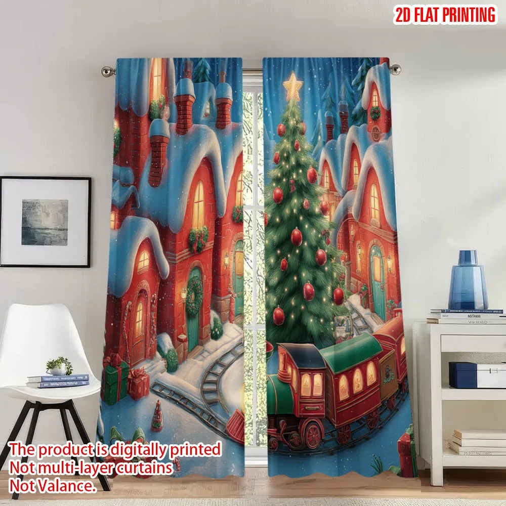 

2pcs 2D flat printing Fashionable Christmas Curtains Christmas Village Train Scene Digital Printed Polyester Drapes Spring Use