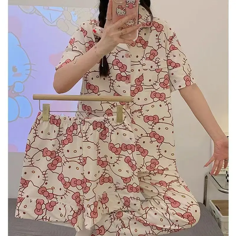 Sanrio Short Pajamas Hello Kitty Kuromi Kawaii Cartoon Loose Sleepwear Pajamas Sets Short Clothes Girl Home dress Gifts