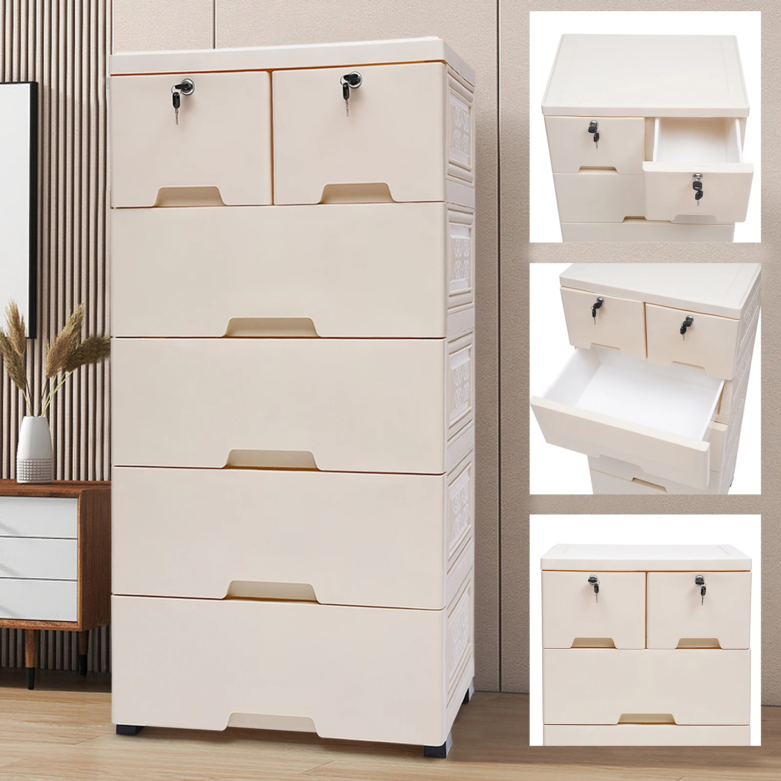

Beige Storage Cabinet with 6 Drawers Closet Drawers Tall Stackable Vertical Clothes Storage with Two Drawers with Locks