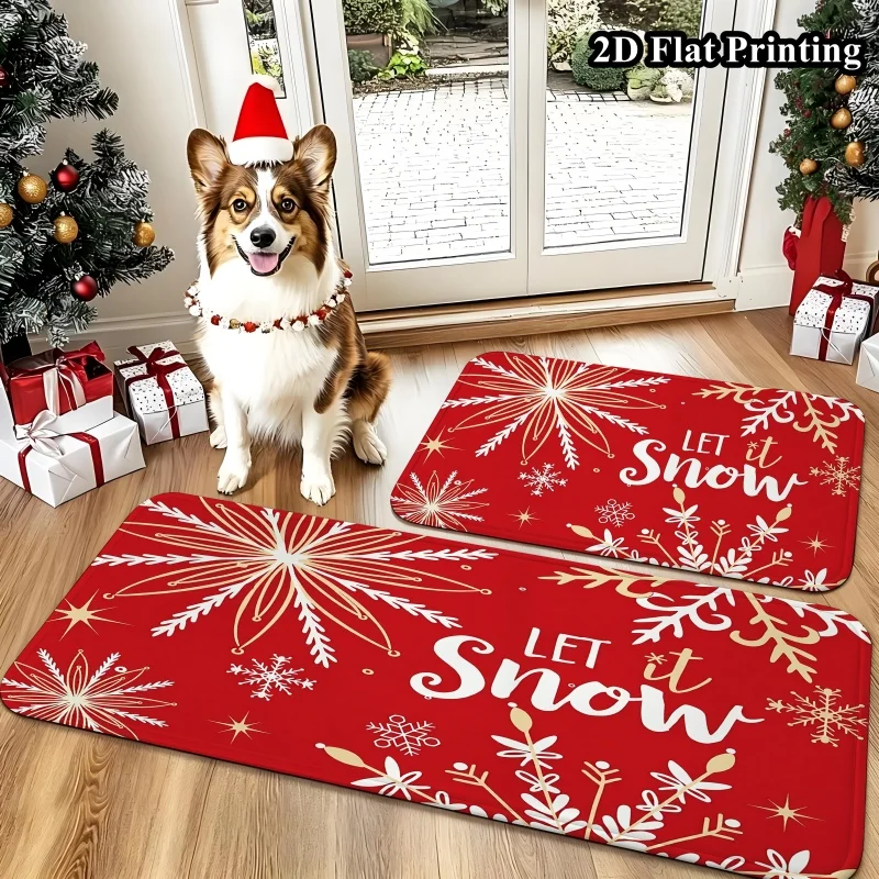 Merry Christmas Dog Paw Kitchen Rugs 2 Piece, 2D Flat Plaid Puppy Pet Mat Set, Non-Slip Washable Floor Mat for Front Door