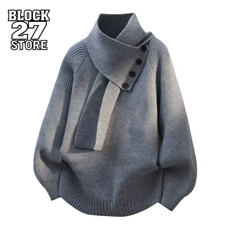

Mens Sweater Harajuku Autumn Winter Scarf Collar Knit Pullover Loose Fit Warm Knitted Top Casual Streetwear Fashion Style Wear