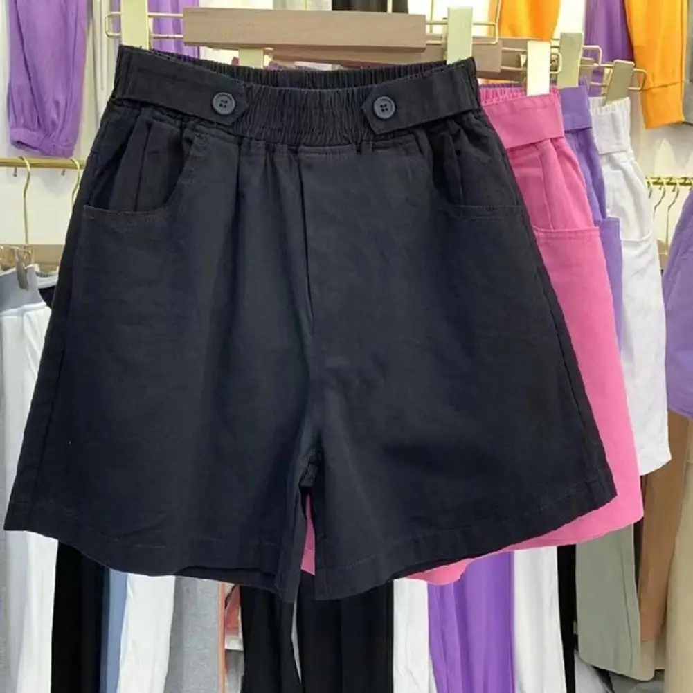 

Solid Color High Waist Shorts Stylish Summer Women's Shorts with Elastic Waist Button Decor Pockets A-line Knee Length for A