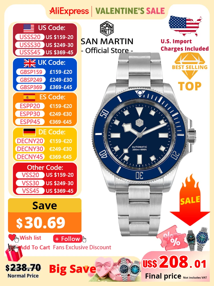 

San Martin 40mm Stainless Steel Classic Men Diver Watch Japan NH35 Automatic Mechanical Sapphire Waterproof 300m SN0111