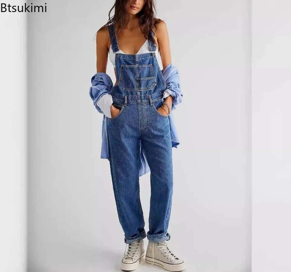 

2025 New Fashion Women Washed Denim Long Jumpsuit Casual Spaghetti Strap Wide Leg Romper Pants Summer Solid Baggy Bib Overalls