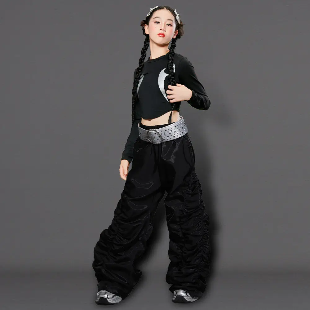 

Новые костюмы для джазовых танцев 2026 года для девочек, черные свободные наряды, детская одежда для уличных танцев, одежда для хип-хопа и рейва DQS22052