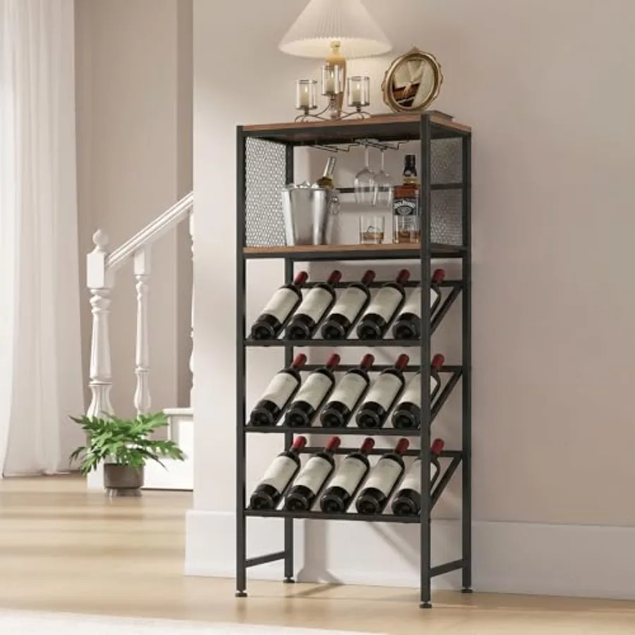 

Corner Wine Rack with Glass Holder and Storage Shelves Stylish Free Standing Floor Wine Bar Cabinet for Home 3-Tier Wine Rack F