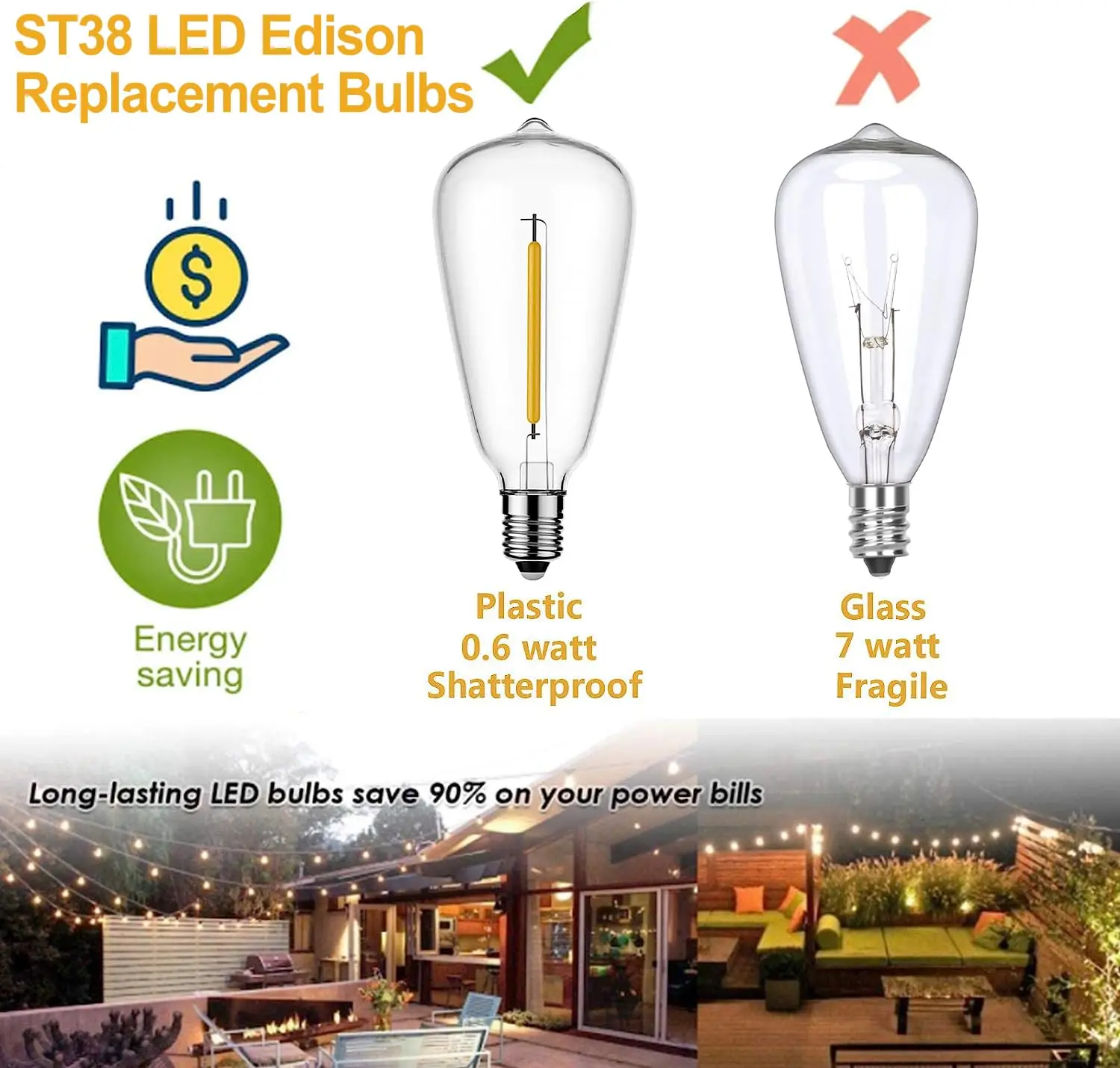 Vintage ST38 Led Replacement Light Bulbs Plastic E12 1W Equvalent 7W Incandescent Decorative Shatterproof Bulbs For String Light