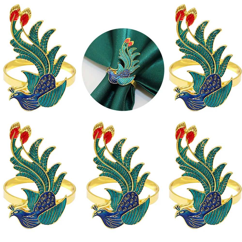 6Pcs Colorful Phoenix Bird Napkin Rings Firebird Animal Napkin Holder Rings for Xmas Ornaments Wedding Home Table Decor HB137