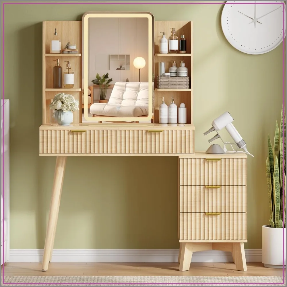 Fluted Makeup Vanity Desk with Mirror and Lights 42