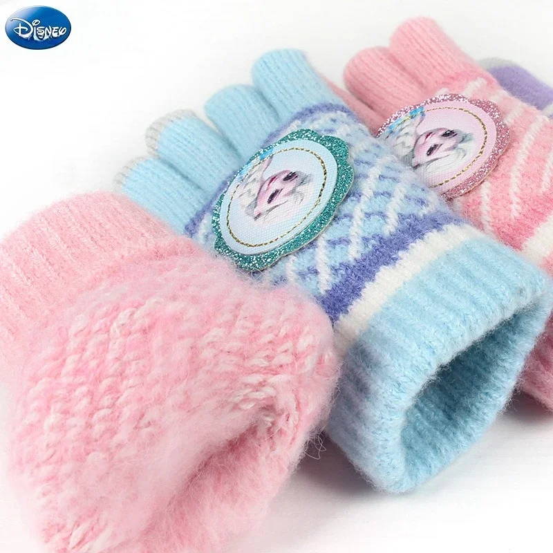 قفازات ديزني الأصابع الجليدية والثلج الأميرة عائشة فتاة محبوكة الكرتون الشتاء الدافئة خمسة أصابع طفل قفازات شاشة اللمس