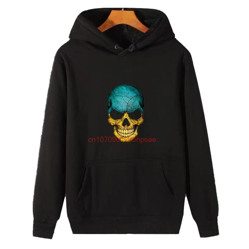 Ukrainian Flag Skull Unisex Graphic Hooded Sweatshirts Winter Thick Sweater Hoodie Essentials Fleece Hoodie Men's Sportswear