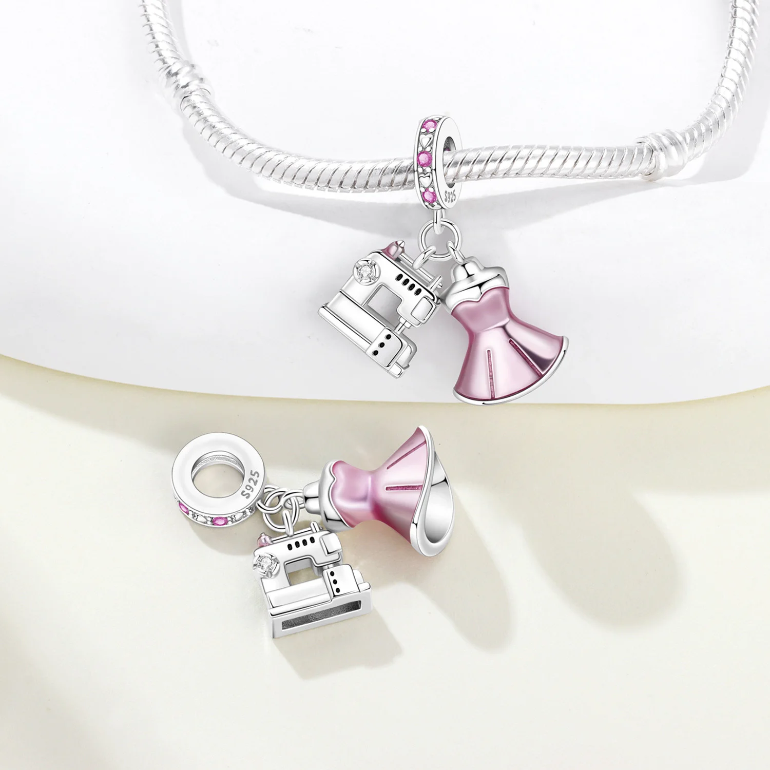 Original 925 Sterling Silver Sewing Machine Pink Dress Pendant Birthday Party Gift for Women Bracelet Necklace DIY Beads Jewelry view 2