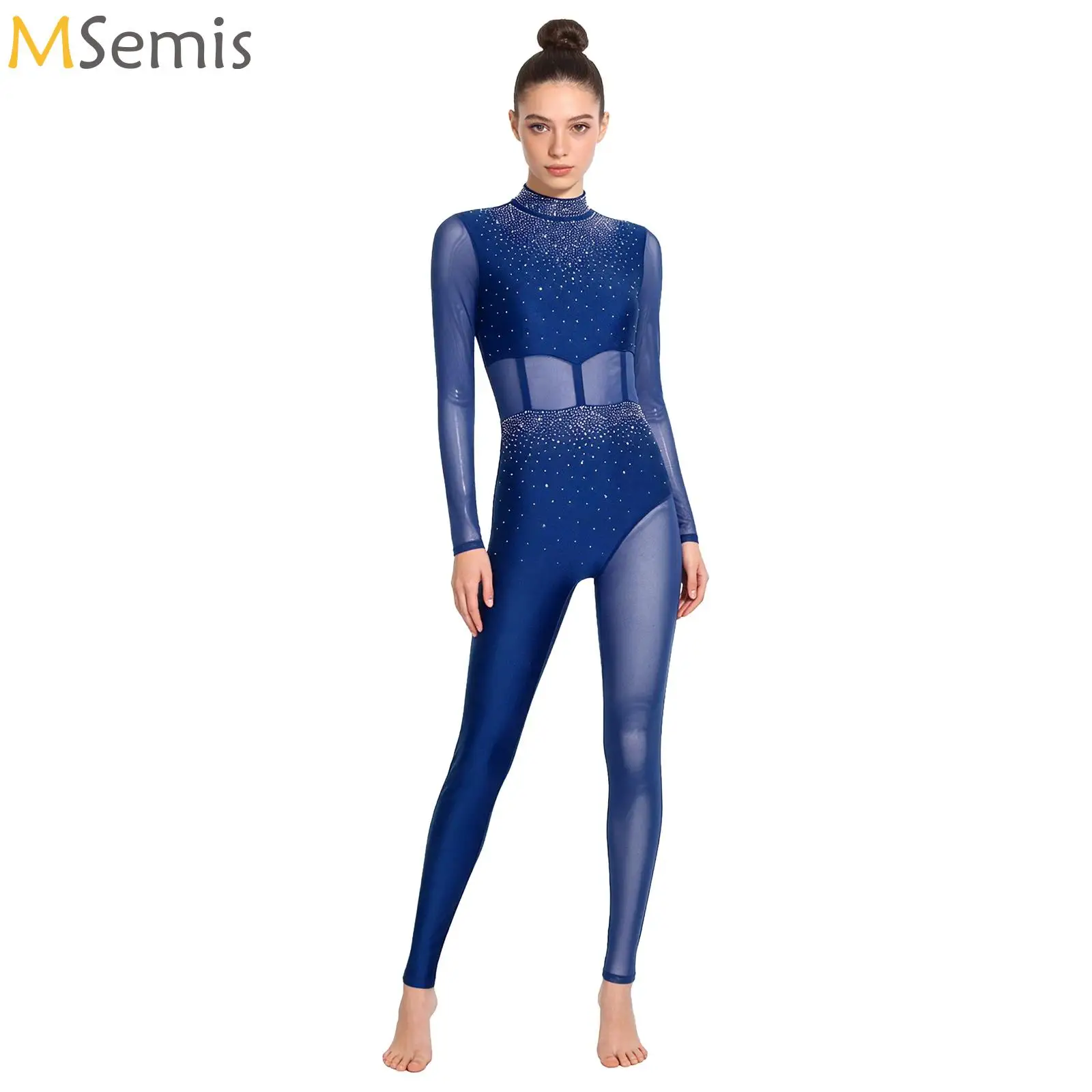 

Womens Gymnastics Unitard Sparkly Rhinestones Ballet Jersey Figure Skating Sheer Mesh Full Body Leotard Bodysuit Stage Costume