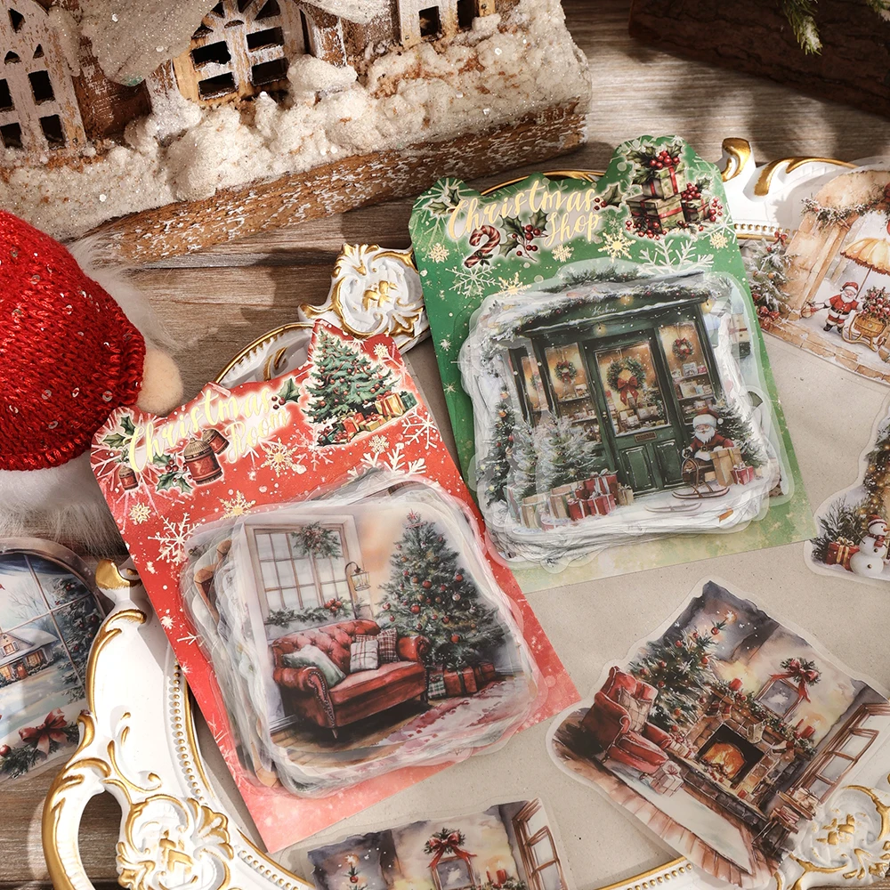 50 Sheets Retro Christmas PET Stickers Pack Waterproof Large Size For Scrapbooking, Laptops Cups Decor, Party Planner Gift