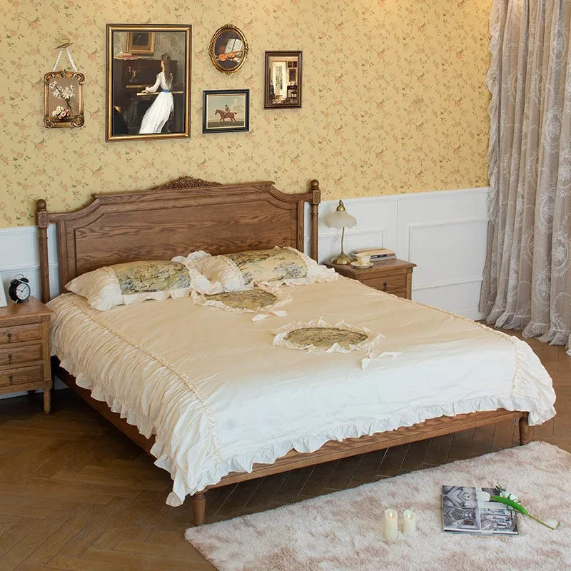 Lit de mariage américain tout en bois massif, chambre principale en chêne, avec capteur de lumière, lit de princesse simple et double rétro