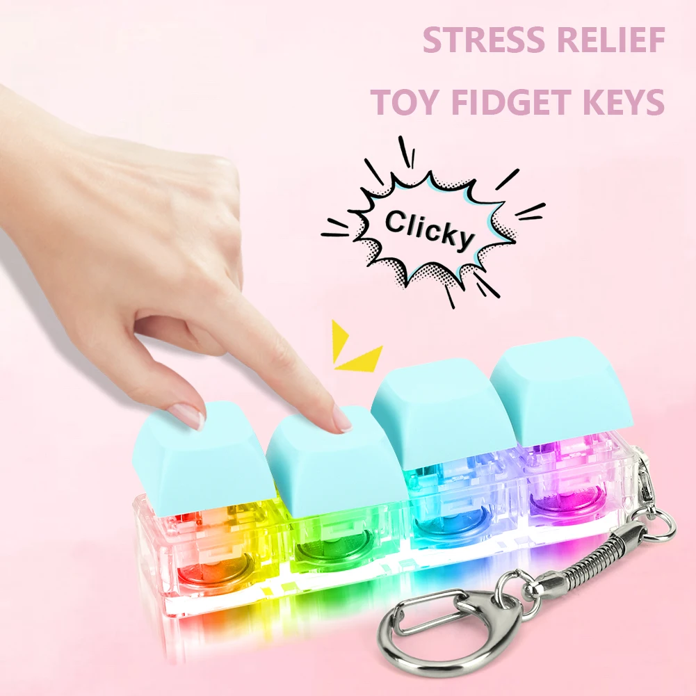 Keyboard Fidget Keychain 4 Keys Keyboard Decompression Toys with LED Light Keyboard Clicker Toy DIY Button Stress Relief Toys