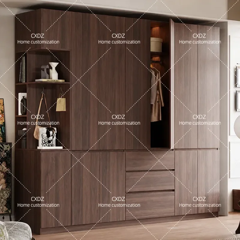 Oak Solid Wood Wardrobe Modern Simple Storage Cabinet for Bedroom Walnut Finish Segmented Handle Design Free Standing Closet